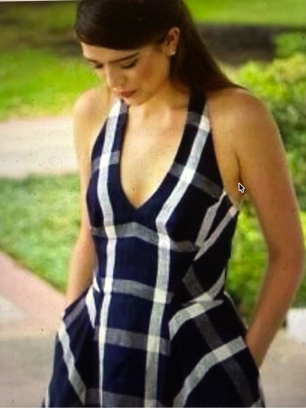 Eva Franco Dress Halter Plaid Linen Blend Sz 4 Hidden Side Pockets, Fully Lined